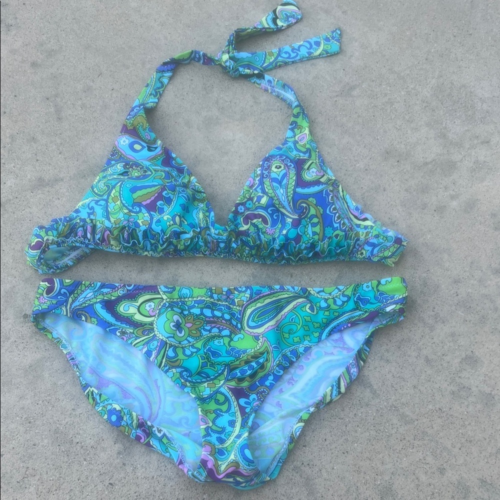 ABS Allen Schwartz Paisley Print Ruffle Top Bikini Women's Size 12